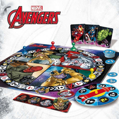 Avengers Unite cooperative card game board with character cards and colored tokens