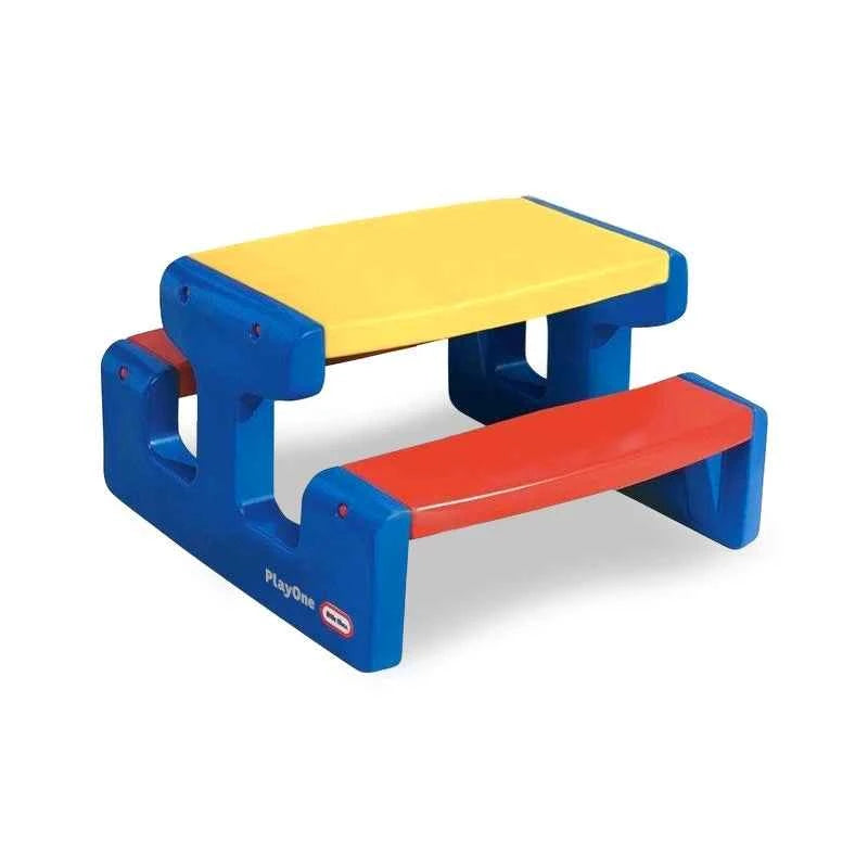 Primary junior picnic table with rounded yellow top, red bench, blue frame