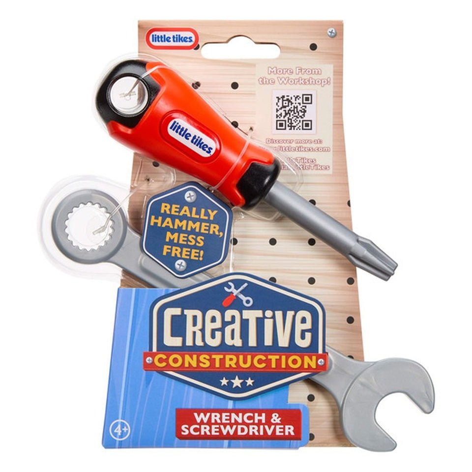 Little Tikes wrench and screwdriver set with red handle and grey tools.