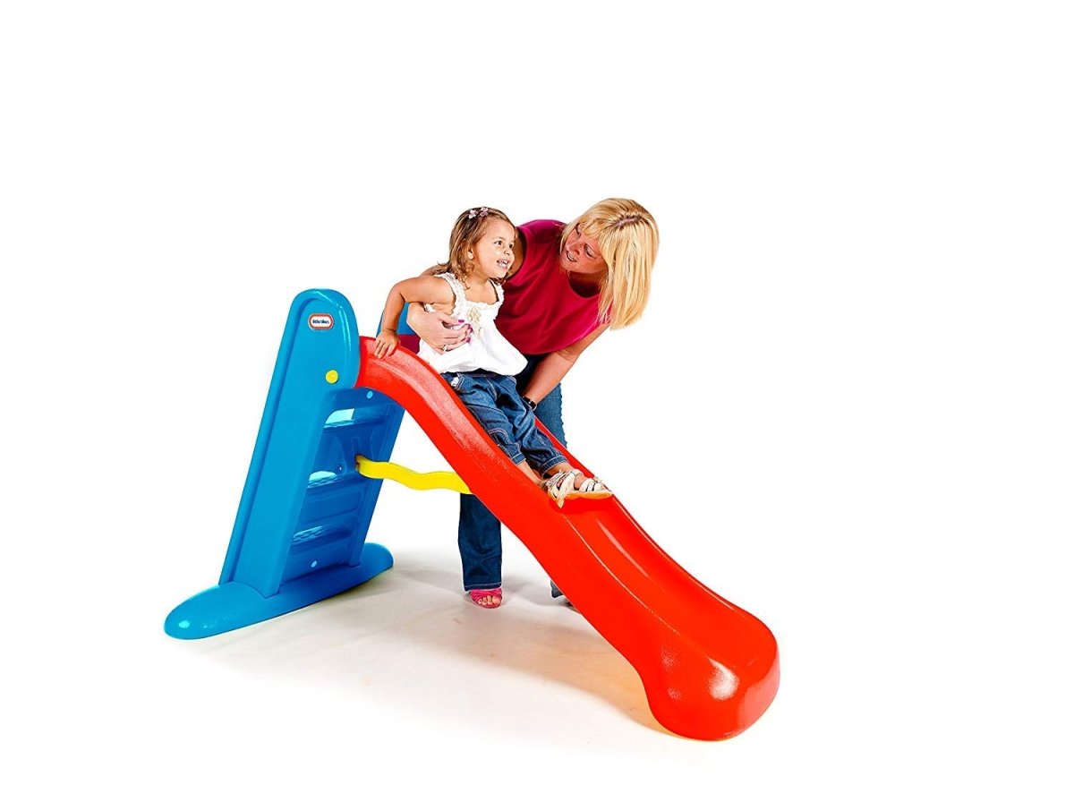 Kids plastic slide with blue ladder and orange chute, two children climbing