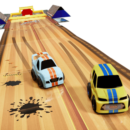 Toy car race track with blue-striped and yellow cars on illustrated lanes