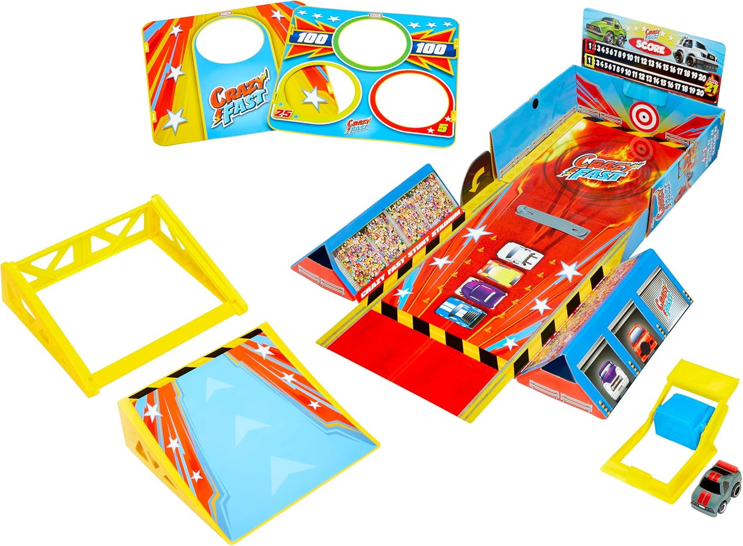 4-in-1 car game set with yellow frames, red track ramp pieces, and toy cars