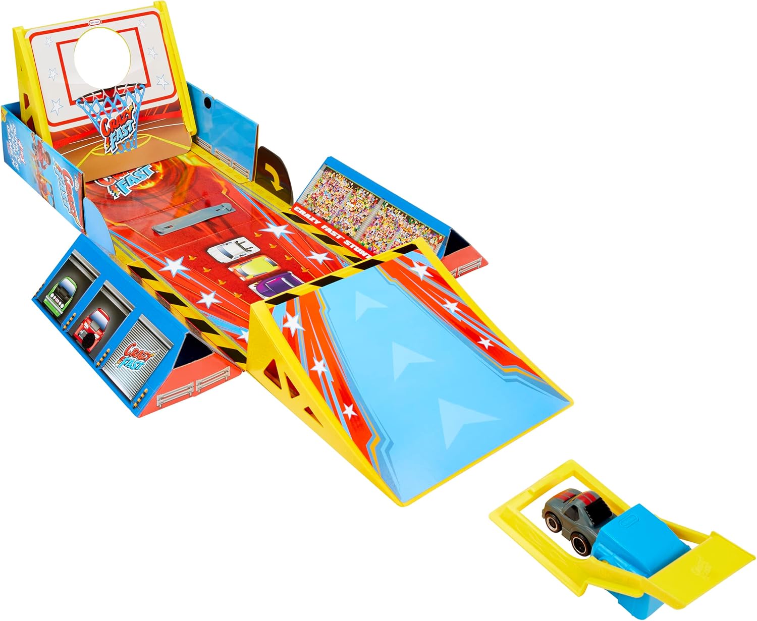 4-in-1 car game set layout with basketball hoop, ramps, and toy car accessory