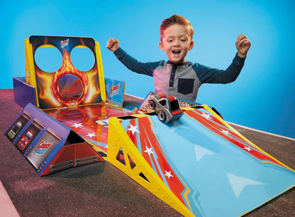 4-in-1 car game set track with flame-style launcher and toy car play