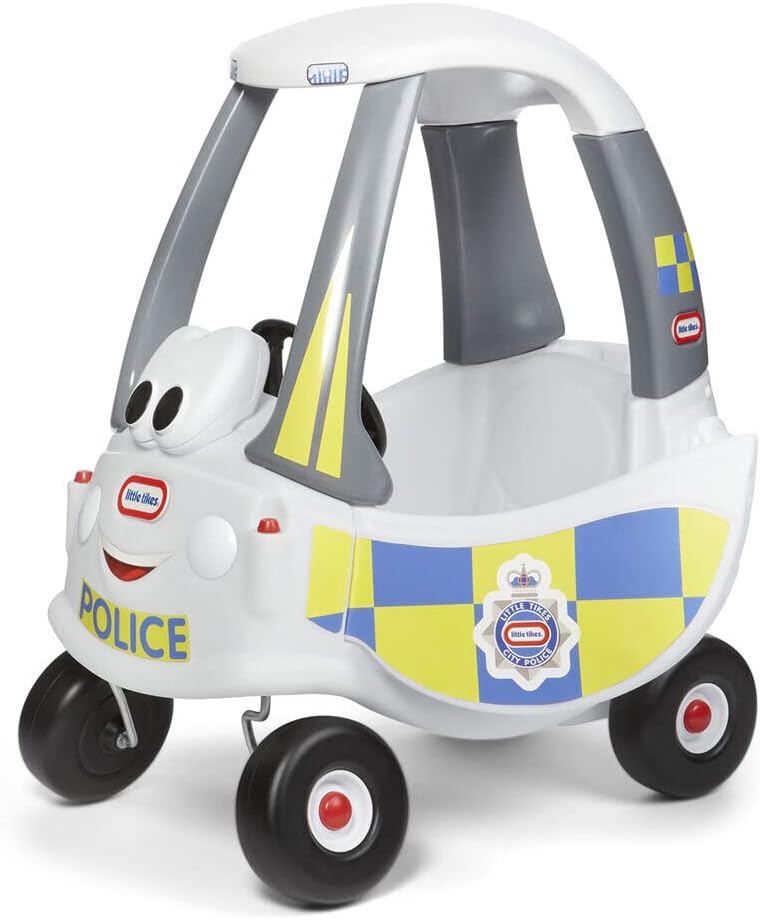 White and gray police ride-on car with checkered sides and panda front figure