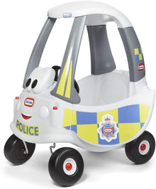 White and gray police ride-on car with checkered sides and panda front figure