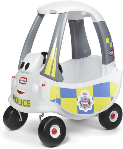 White and gray police ride-on car with checkered sides and panda front figure
