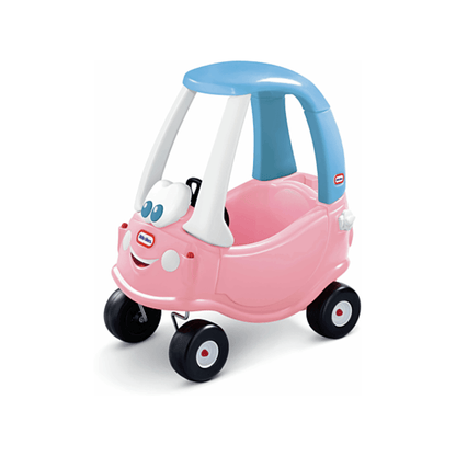 Voiture à roulettes rose, toit bleu et mascotte, 4 roues