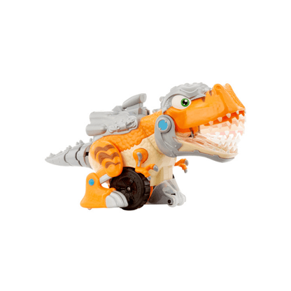 Orange remote control T-rex dinosaur with blue eye and silver claws