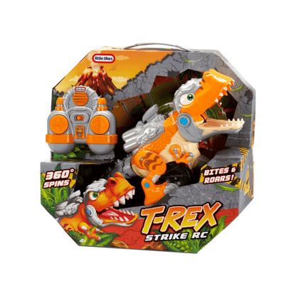 Remote control dinosaur set with orange T-rex and gray controller in display box