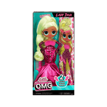 L.O.L OMG doll with neon green hair, magenta satin dress and leopard top