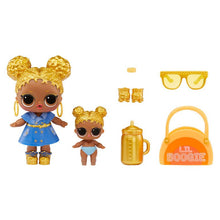 Zwei LOL Confetti Pop Figuren mit goldenem Outfit, Zubehör wie Becher und Brille