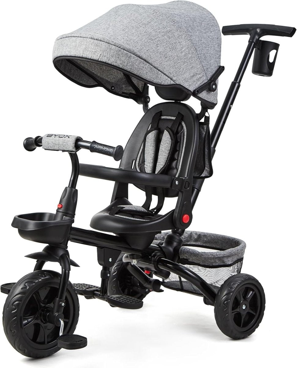 Baby-Dreiradwagen mit grauem Aufsatz, breiter Sitzfläche und Sonnenverdeck