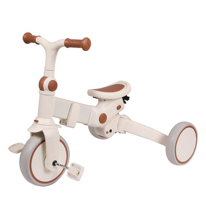 Child trike seat and steering, parent handle, white frame with brown accents