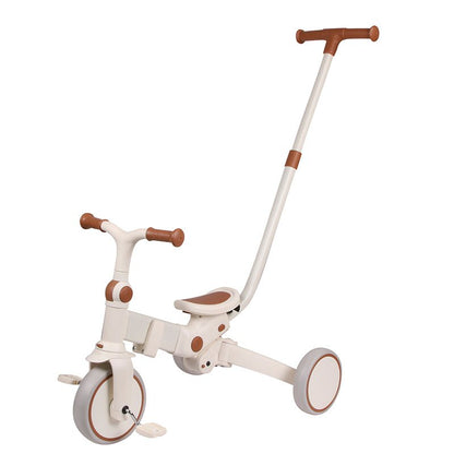 Tricycle with parent handle, white frame and brown grips