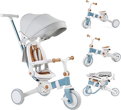 Multi-Stage tricycle stroller with parent handle, seat and canopy, light gray