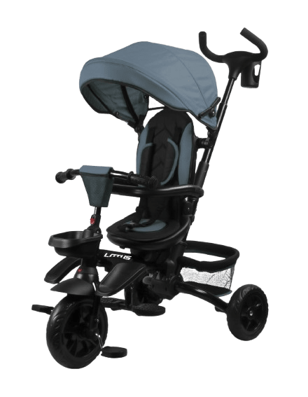 Blue stroller tricycle with parent handle and canopy