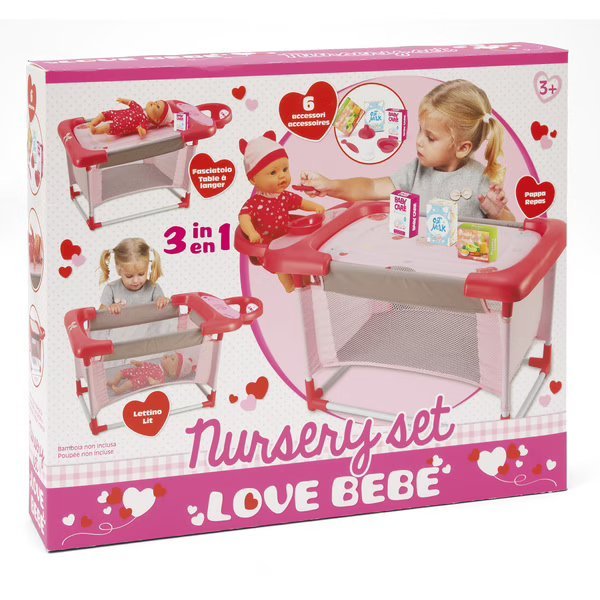 3-in-1 changing table nursery set box with red and pink design and baby graphics