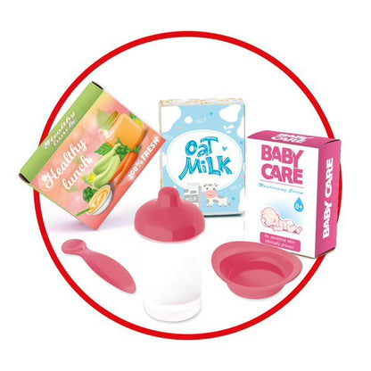 Changing table accessory set with pink tools, bowls, and baby care items