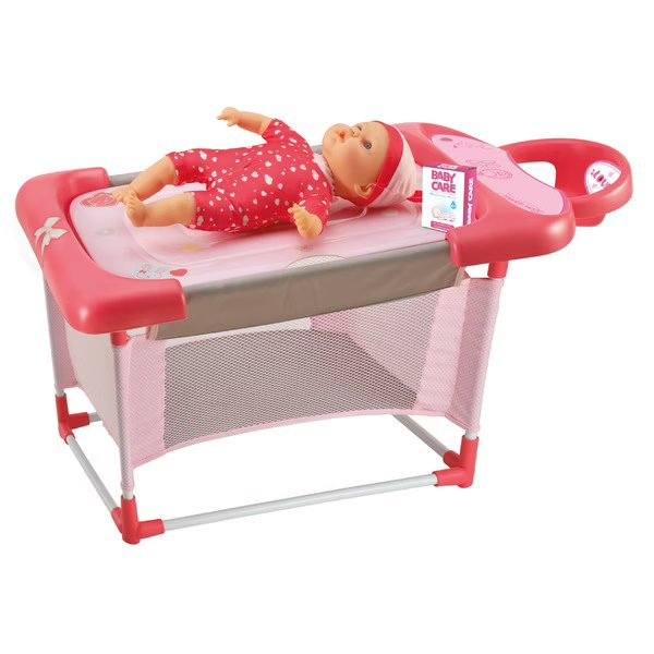 3-in-1 changing table with red frame, pink tray, and mesh storage panel