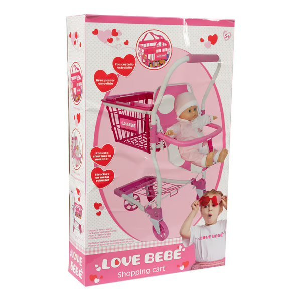 Pink shopping cart with baby seat in retail box, hearts and child figure