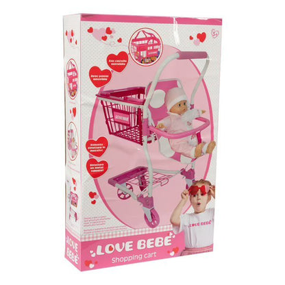 Pink shopping cart with baby seat in retail box, hearts and child figure