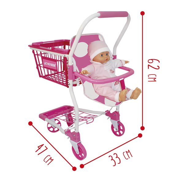 Pink shopping cart with baby seat with dimension lines and measurements