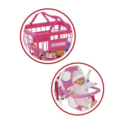 Pink shopping cart with baby seat shown in two views with baby doll