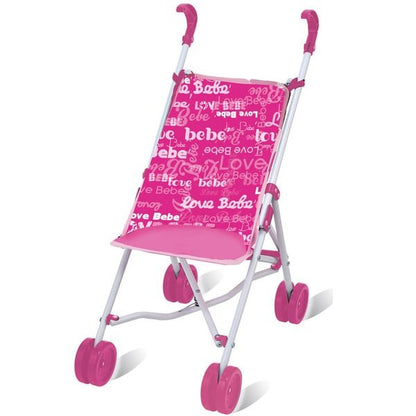 Pink doll stroller with fabric seat, printed pattern, and four wheels.