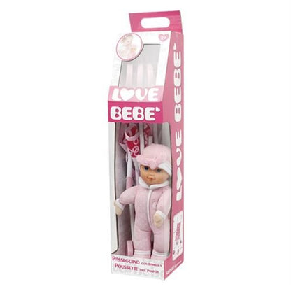 Stroller set with baby doll in pink outfit, shown in boxed packaging.
