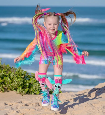 Knee-high bunny socks with teal and pink bunny faces, heart accents, and flower designs.