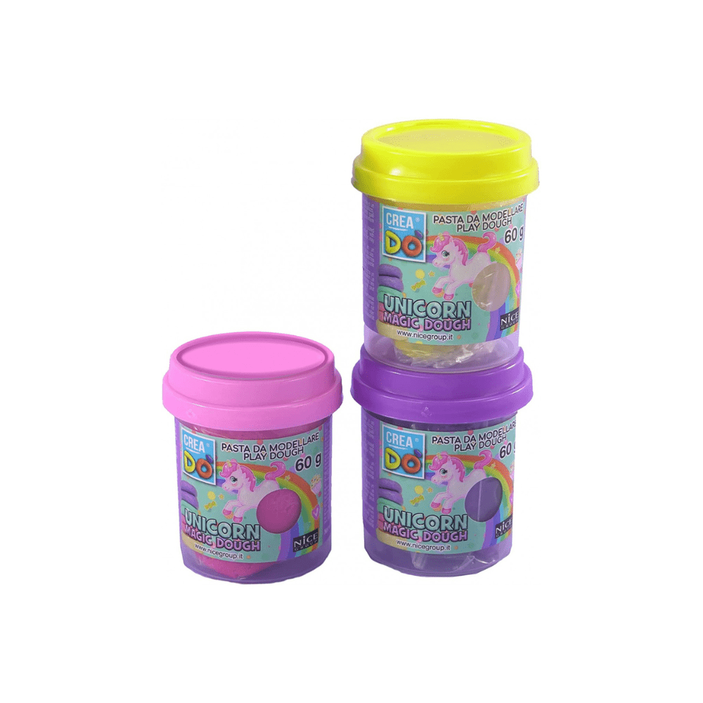 Barattoli di pasta da modellare unicorno, viola e rosa con coperchi giallo