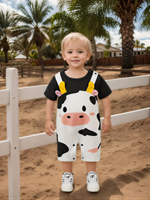Cow-print newborn short-sleeve bodysuit, black and white with cute cartoon face
