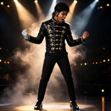Black sequin jacket with gold trim and matching pants