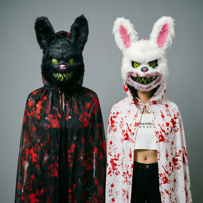 Black and white rabbit masks with hooded cloaks; red splatter worn over pants