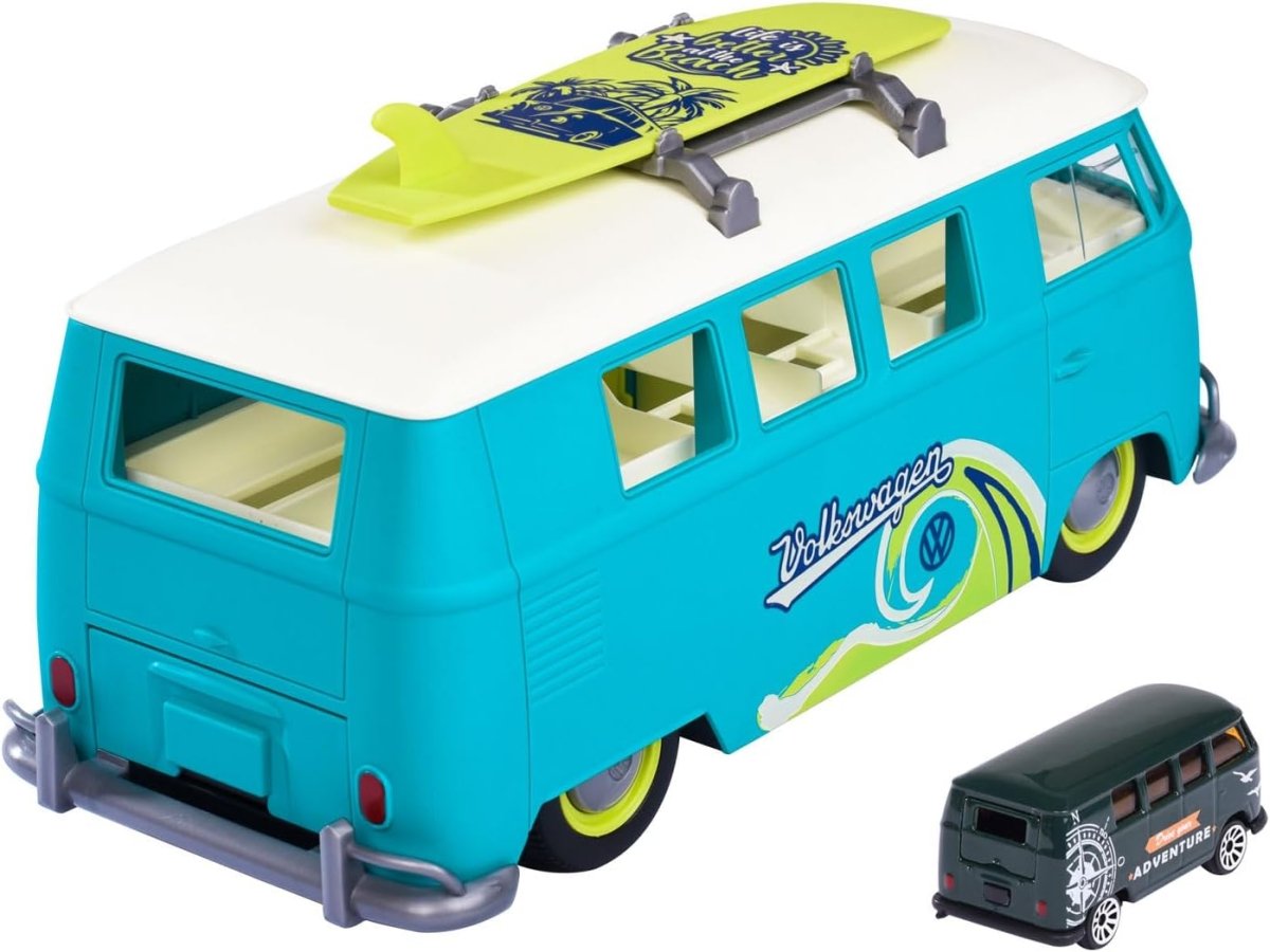 Turquoise Volkswagen T1 transporter toy van with lime surfboard and side windows
