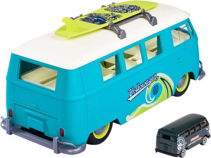 Turquoise Volkswagen T1 transporter toy van with lime surfboard and side windows