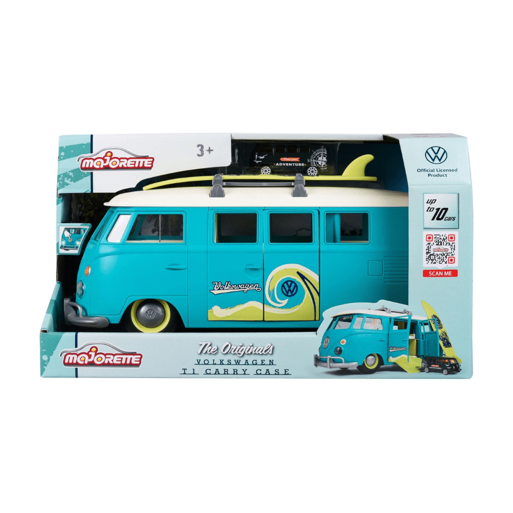Turquoise Volkswagen T1 transporter toy vehicle with lime surfboard, shown in box