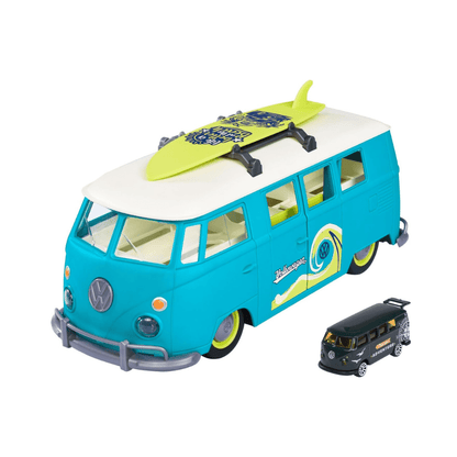 Turquoise Volkswagen T1 transporter toy van with lime surfboard and small black vehicle