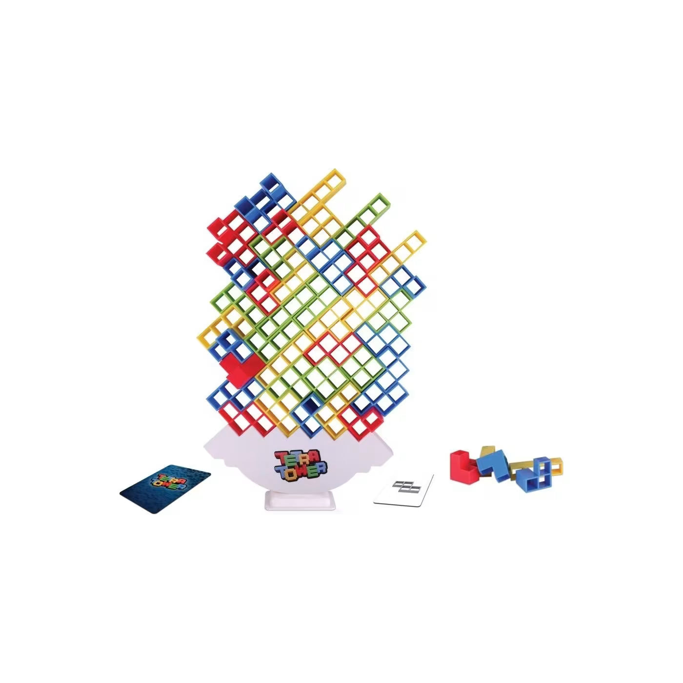 Tetra Tower set with colorful interlocking block tower pieces and instruction cards