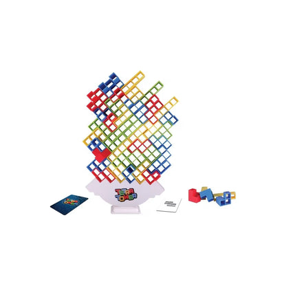Tetra Tower set with colorful interlocking block tower pieces and instruction cards