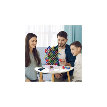 Tetra Tower board game with colorful block tower pieces held by players