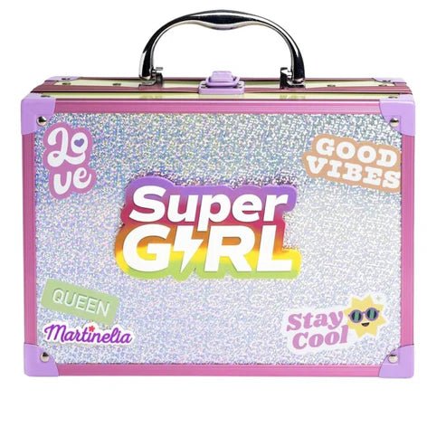 Super Girl glitter makeup case with handle, purple trim, and front slogan graphics