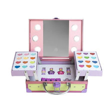 Pink makeup case with open mirror, LED lights, and colorful compartments and accessories