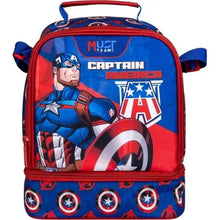 Red and blue insulated lunch bag with top handle, front zipper, Captain America graphic