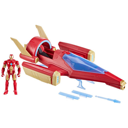 Red and blue battle jet toy with opening cockpit and Iron Man action figure.