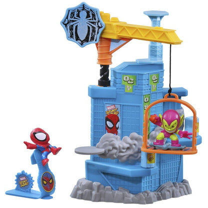 Smashin Heroes set: blue launcher with Spidey figure and alien in clear cage