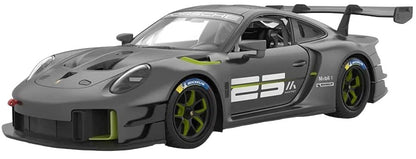 Three-quarter view of grey Porsche 911 GT2 RS Clubsport 25 RC car with wing