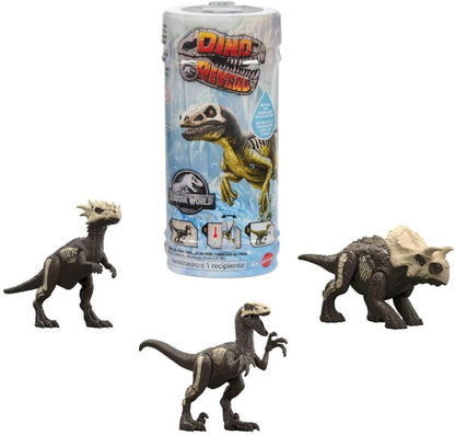 Jurassic World Dino Reveal Surprise: dinosaur figure in clear tube with 3 hidden dinos
