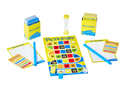 Pictionary board game set with cards, pencils, and timer hourglass, Mattel